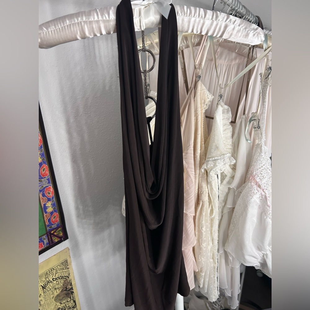 Pronto Brown Halter Top, silver chain accent back, Cowl neck, like new, size s/m
